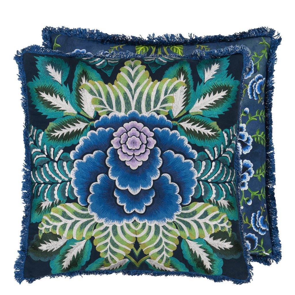 Rose de Damas Embroidered - Indigo - Cushion - 20" x 20"
