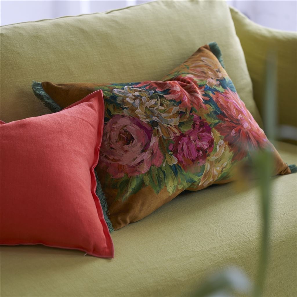 Fleurs d artistes Velours - Terracotta - Cushion - 18" X 24" - throw pillow