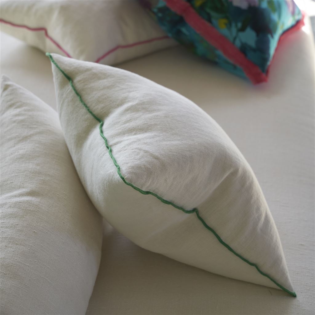 Brera Lino - Alabaster with Emerald overlocked edge - Cushion - 17" x 17"