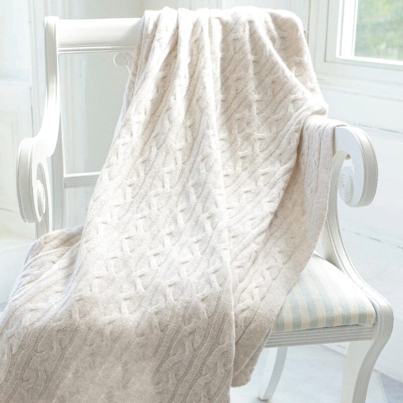 100% Cashmere Throw - Cable in Snow Color - Alashan Cashmere Shown on Chair 