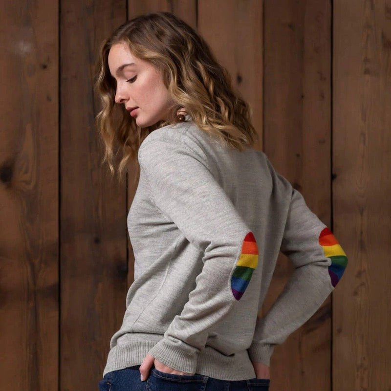 Alicia Adams Alpaca Rainbow Sweater - Grey with Rainbow Elbow Patches - Fig Linens and Home - 2