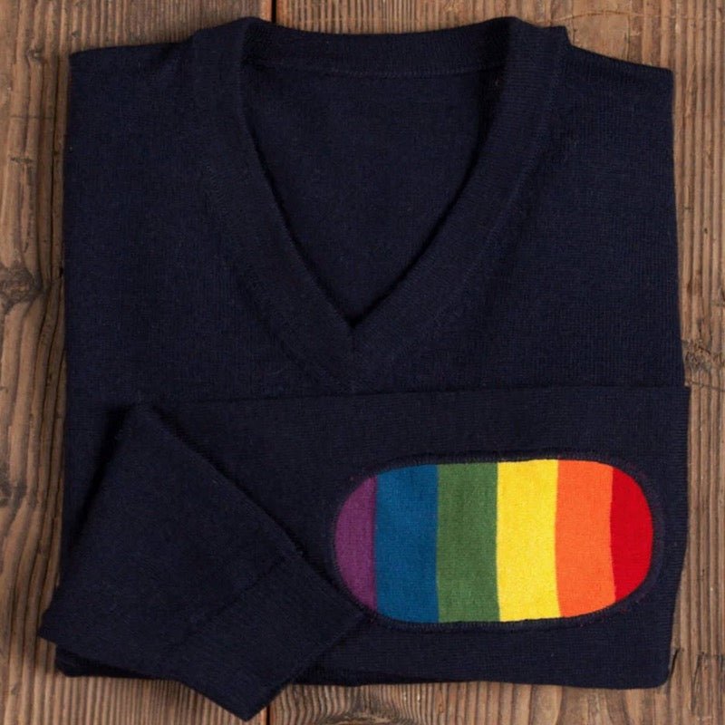 Alicia Adams Alpaca Rainbow Sweater - Navy with Rainbow Elbow Patches - Fig Linens and Home - 2