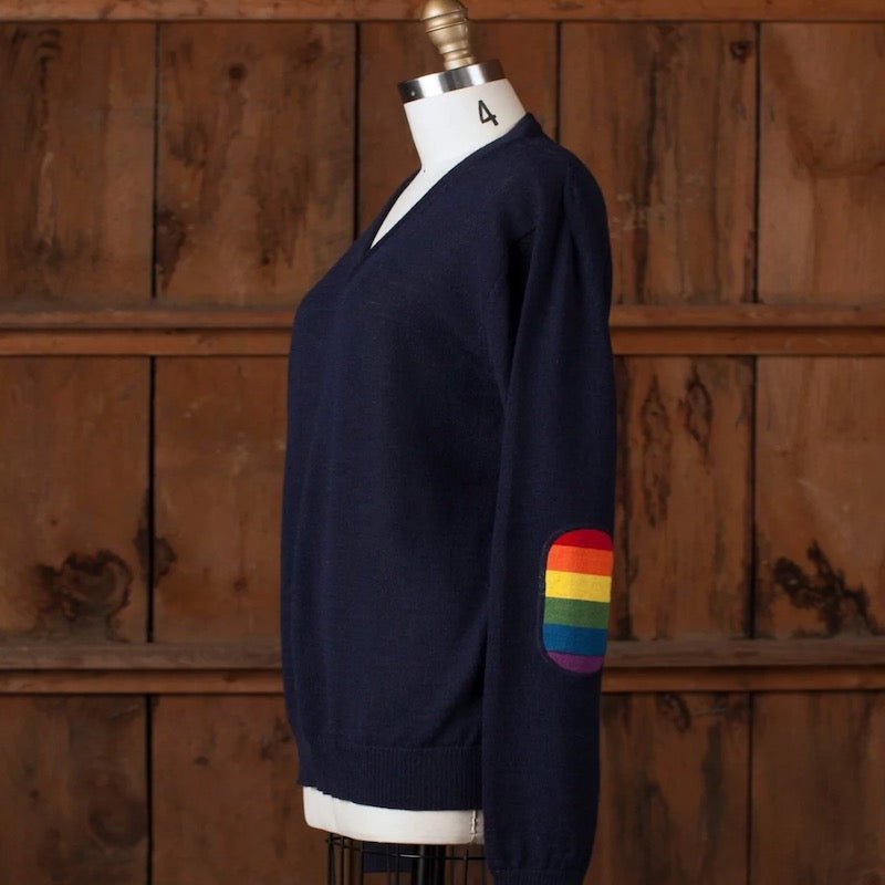 Alicia Adams Alpaca Rainbow Sweater - Navy with Rainbow Elbow Patches - Fig Linens and Home - 1