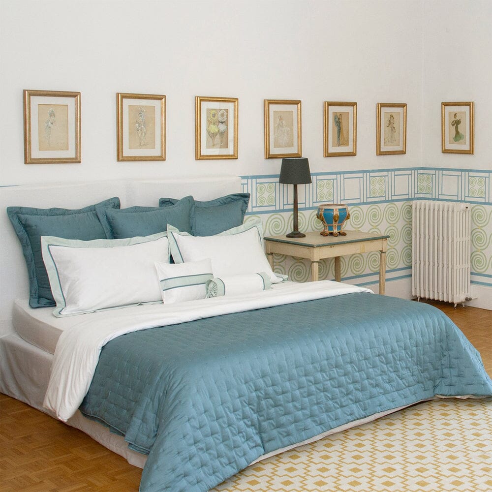 Yves Delorme Triomphe Quilt in Fjord Blue | Fig Linens and Home Luxury Bedding shown in Lifestyle