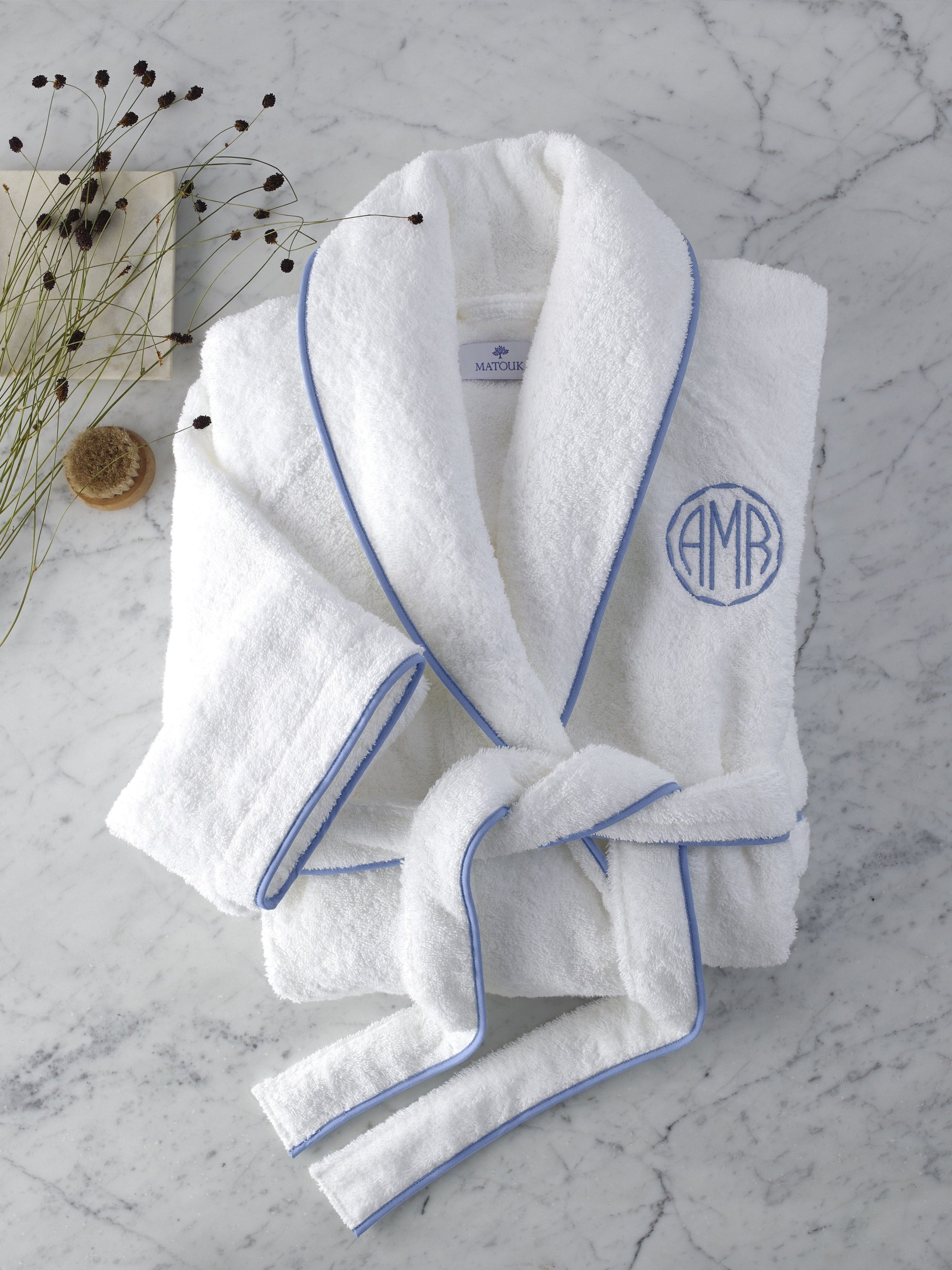 Cairo Robe in White with Azure | Matouk Robes at Fig Linens and Home