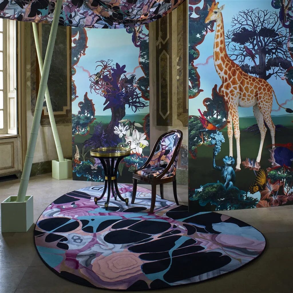 Christian Lacroix Kaoscope Cendre Rug - Large Amorphous Rug by Designers Guild in Black, Blue, Pink and Peche