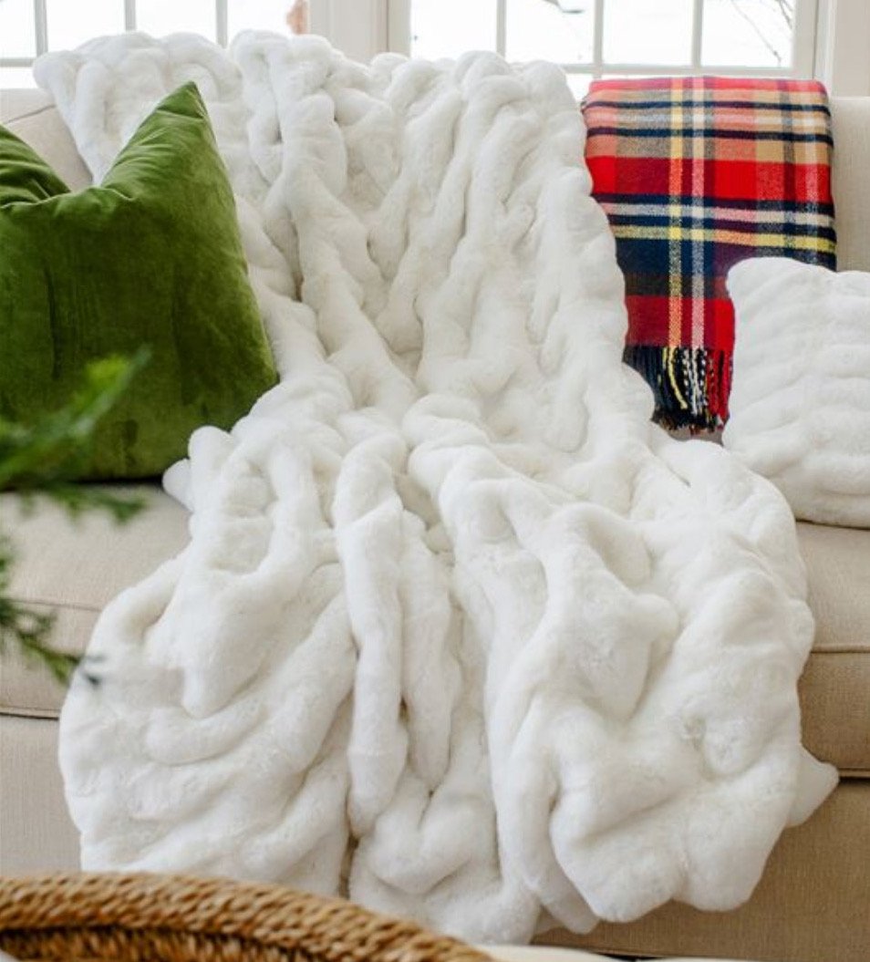 Snow Mink Couture Faux Fur Throw Blanket on Sofa - Fabulous Furs at Fig Linens & Home