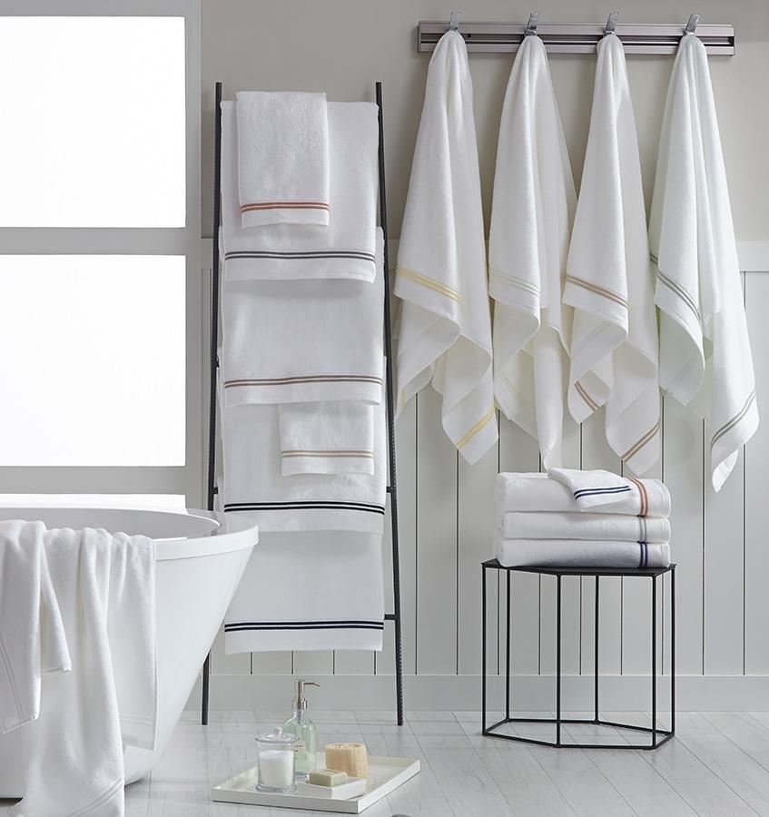 Aura Stone by Sferra - White bath towel with taupe stripe - Fig Linens