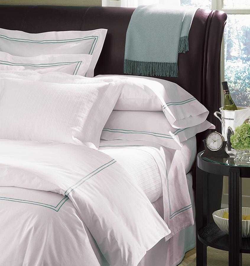 Fig Linens - Sferra Bedding - Grand Hotel White and Aqua Duvet and Shams