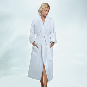 Astreena Blanc Kimono Bathrobe by Yves Delorme | Fig Linens - White unisex kimono robe with belt