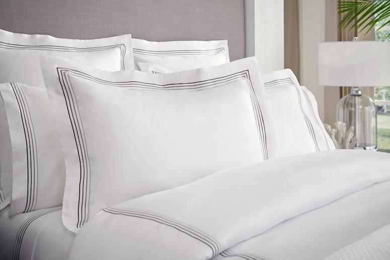 Frette Cruise Hotel Bedding - White with Grey Shams