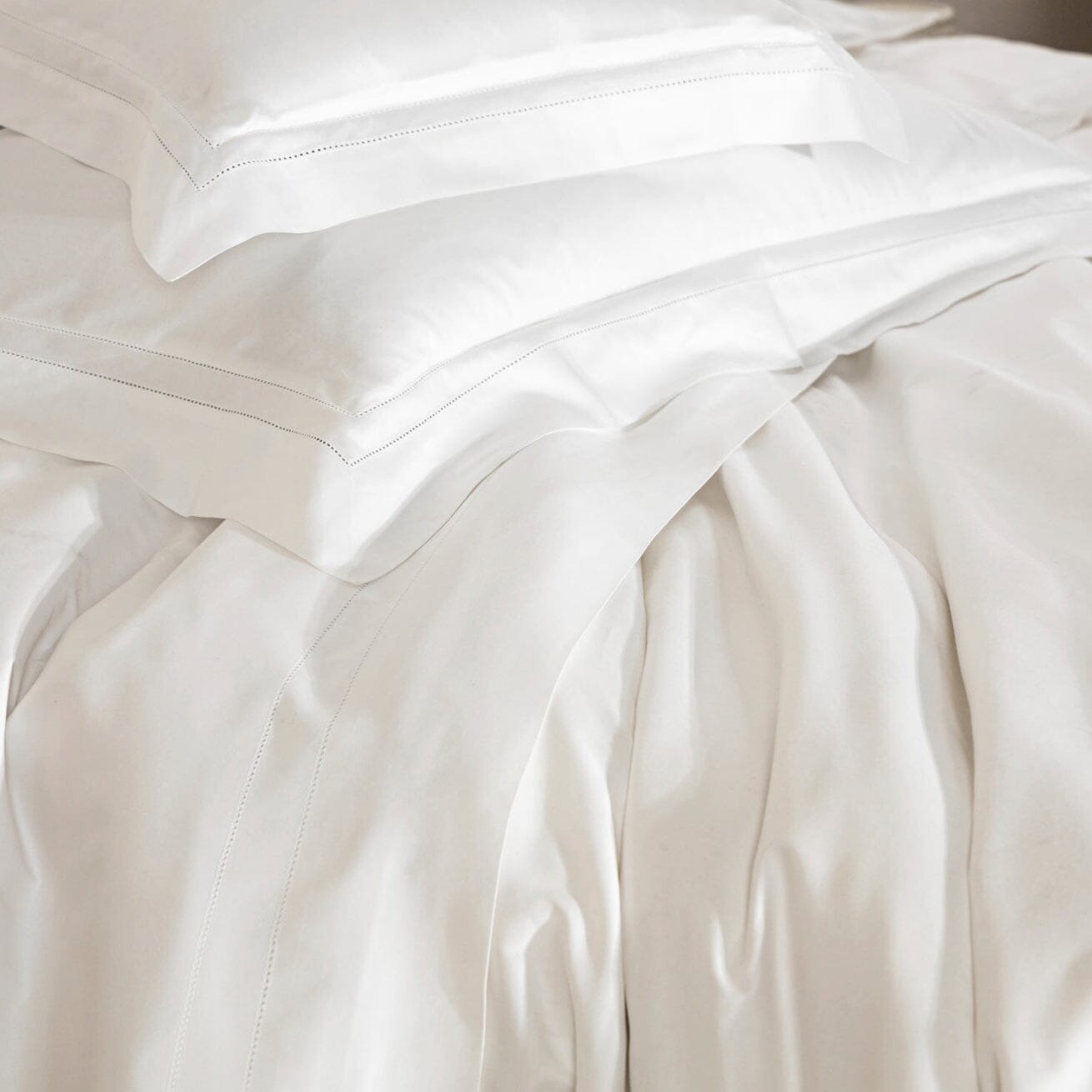Frette Doppio Ajour Bedding Detail of Hemstitch in White - Fig Linens and Home