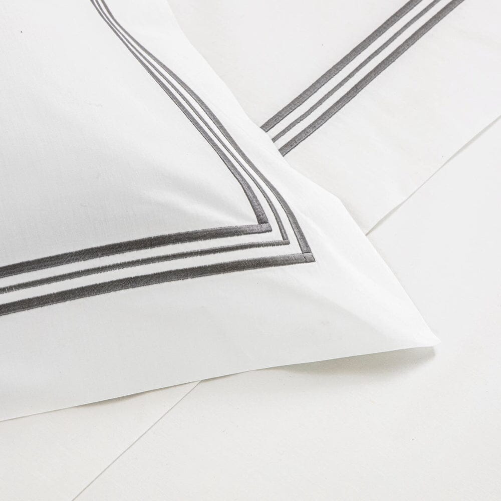 Frette Triplo Popeline Bourdon White and Slate Grey Embroidery Detail - Fig Linens and Home
