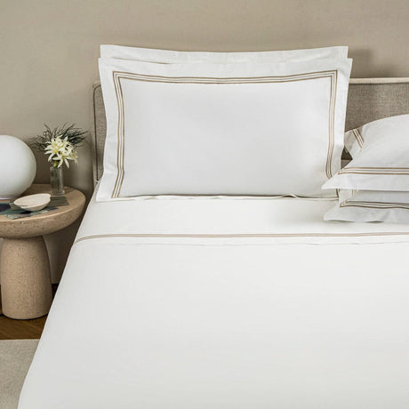 Frette Triplo Bourdon Pillow Sham - Stacked View - Savage Beige on White - Three Lines Bedding 