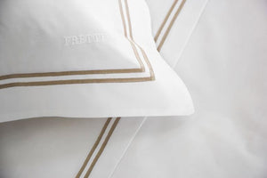 Frette Hotel Classic Khaki Detail of Stitching and Logo - Bedding | Fig Linens