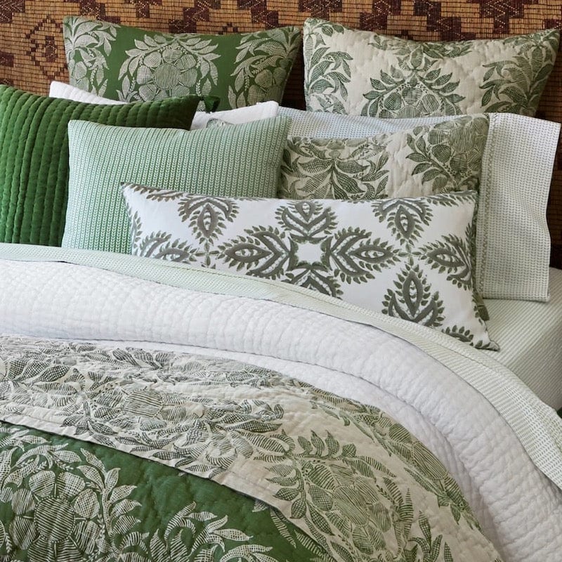 John Robshaw Cinde Sage Green Sheets shown with Quilt | Organic Cotton Bed Sheets