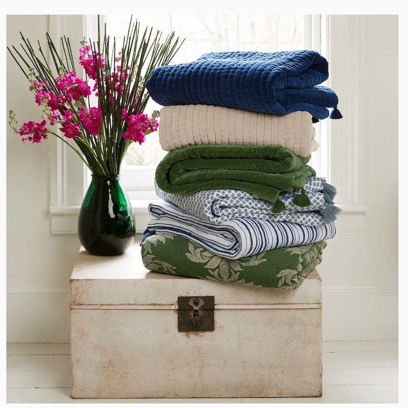 John Robshaw Navy Velvet Throws with other Indigo Cotton Blankets available at Fig Linens and Home
