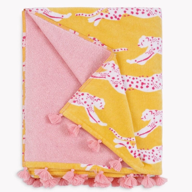 Matouk Schumacher Beach Towel - Lemonade Yellow - Leaping Leopard Beach Towel at Fig Linens and Home