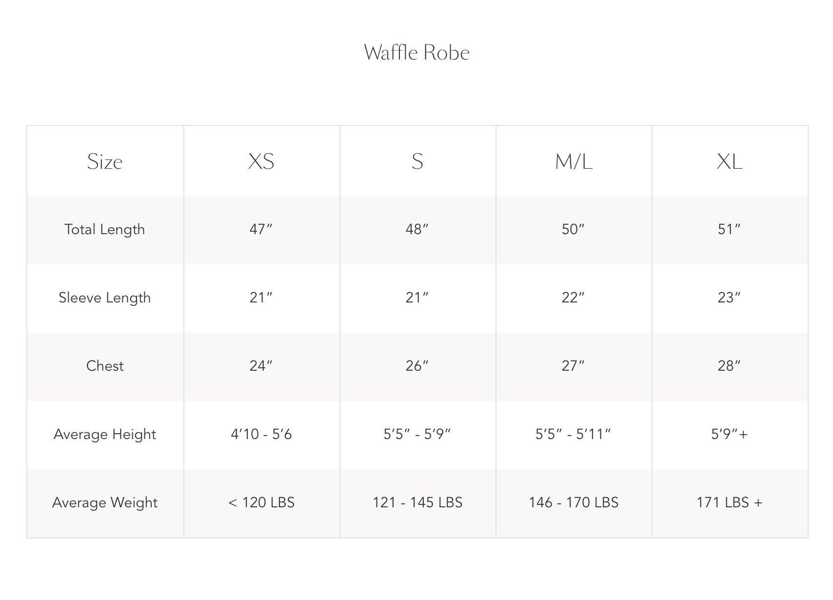 White Waffle Weave Robe Size Guide - Matouk Robes