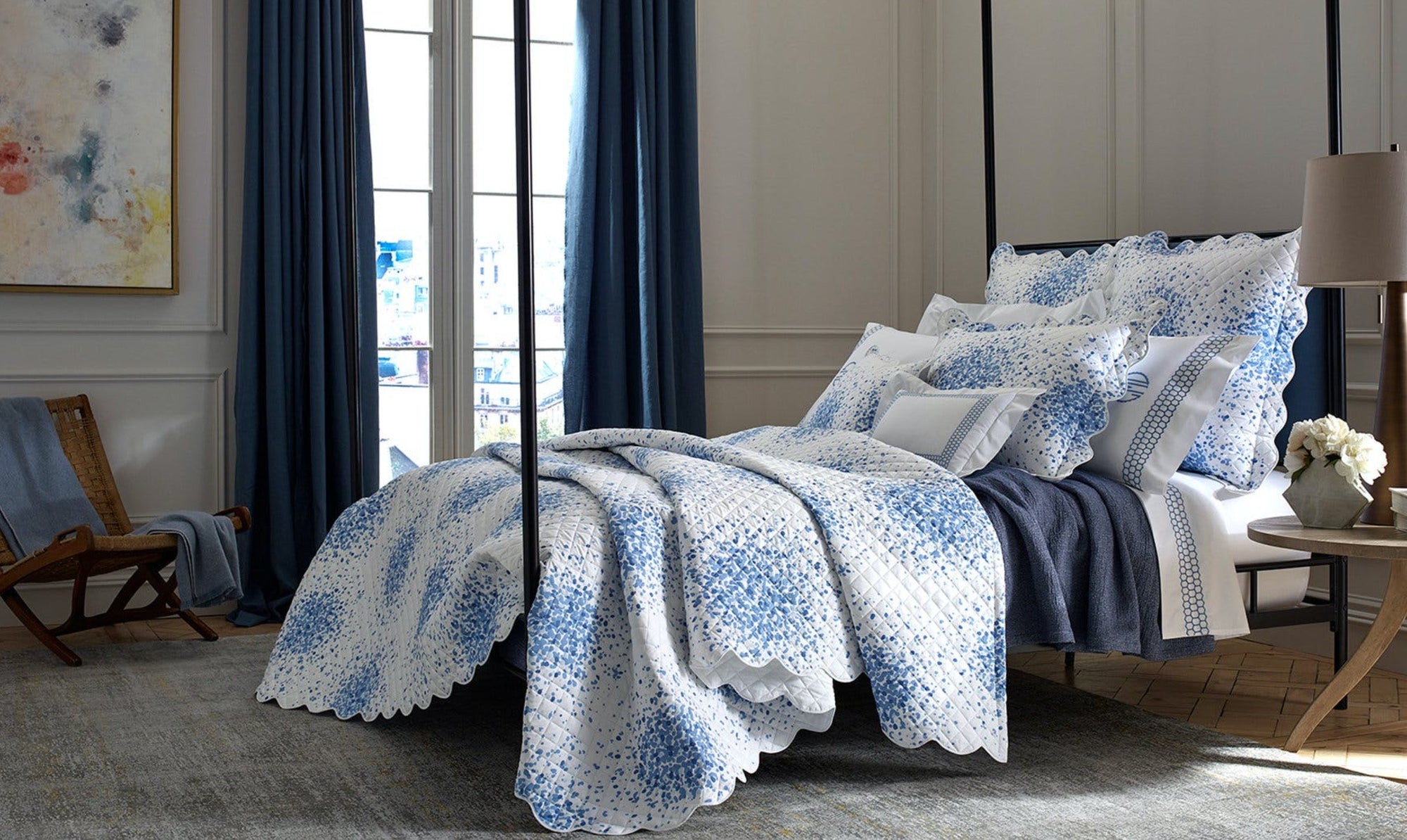 Poppy Azure Quilted Coverlet and Quilted Shams | Fig Linens