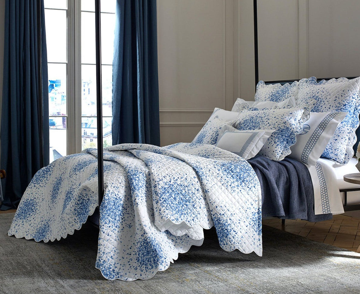 Matouk Poppy Quilt on Bed | Azure Blue Bedding