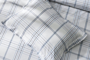 Matouk Schumacher Bedding - August Plaid Navy Linens - Luxury Sheets and Duvet Covers