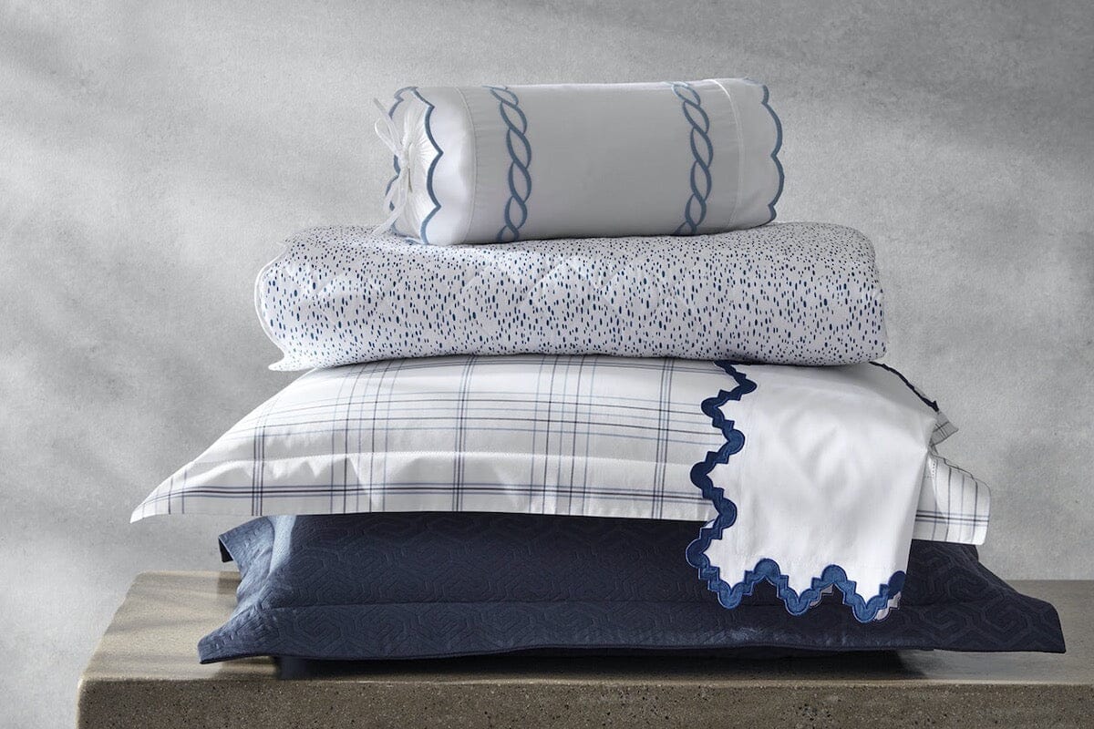 Matouk Schumacher Bedding - August Plaid, Aziza, Classic Chain Scallop Stack of Fine Linens