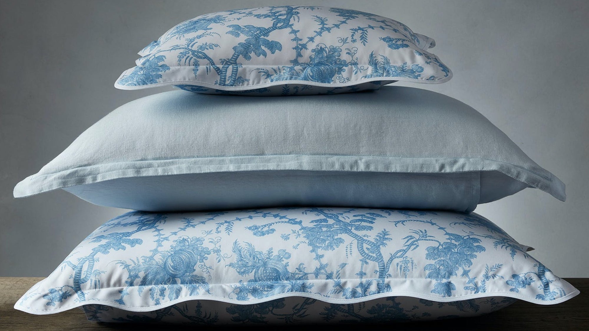 Matouk Schumacher San Cristobal Toile Sky Blue Shams with Scallop at Fig Linens and Home
