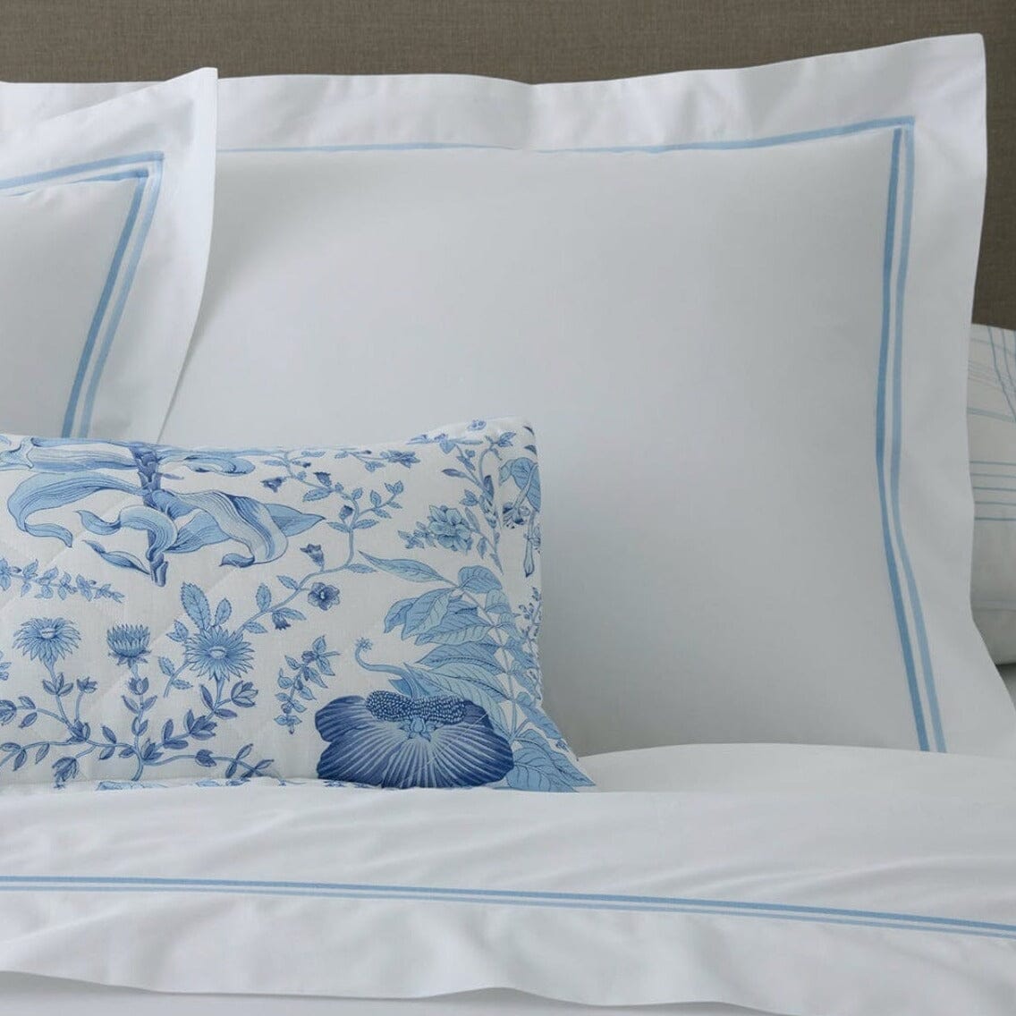 Matouk Bedding - Detail of Light Blue Essex Cotton shown with Pomegranate Linen Pattern in Blue