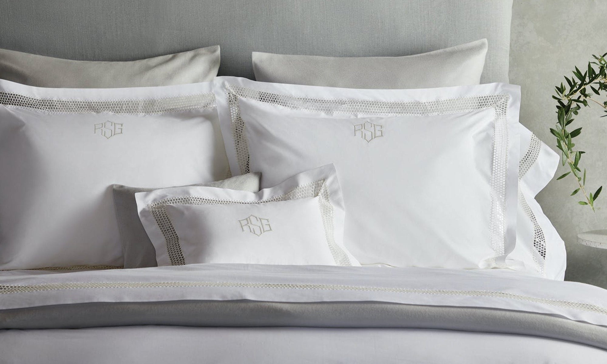 Cecily by Matouk - Giza Percale with Lace inset bedding at fig Linens and home