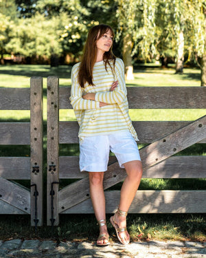 Mersea Catalina Sweater Limoncello Stripe shown on female model in Natural Setting - 1