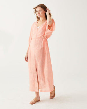 Mersea Breezy Kaftan Dress in Coral | Mer Sea Cover-up on model - Angle View - Fig Linens and Home