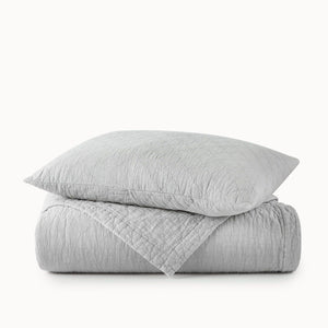 Peacock Alley Heritage Gray Coverlet - Stone Washed Linen Quilt with Pillow Stacked