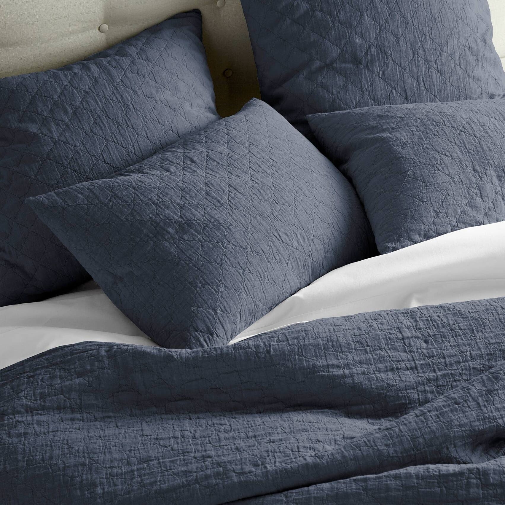 Peacock Alley Coverlet Heritage Marine  - Stone Washed Linen Quilt and Shams with White Sheets