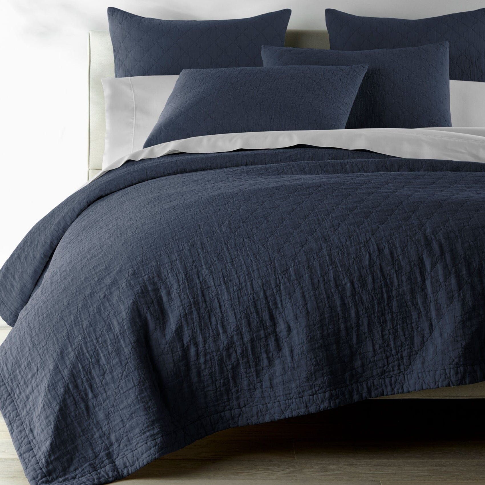 Peacock Alley Coverlet Heritage Marine  - Stone Washed Linen Quilt and Shams with White Sheets