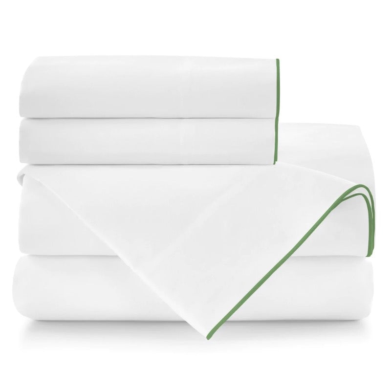 Peacock Alley Bed Sheets - Melody Sheets in White with Green Trim | Fig Linens and Home