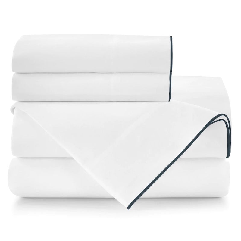 Peacock Alley Bed Sheets - Melody Sheets in White with Navy Trim | Fig Linens and Home