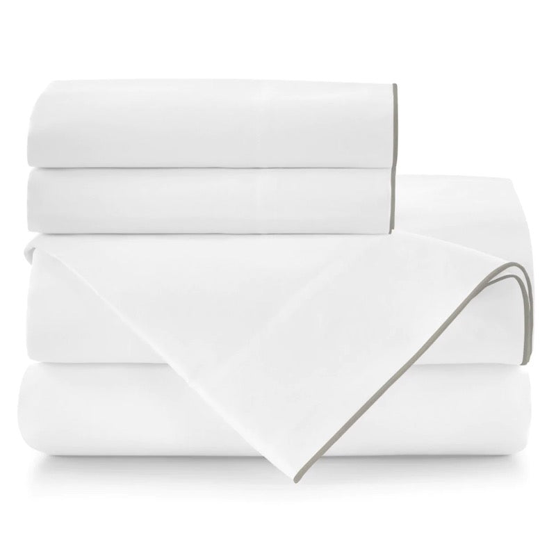 Peacock Alley Bed Sheets - Melody Sheets in White with Platinum Trim | Fig Linens and Home