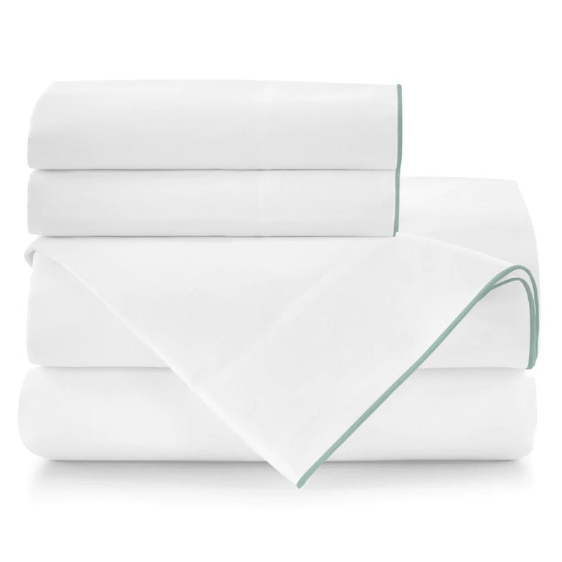 Peacock Alley Bed Sheets - Melody Sheets in White with Sea Glass Trim | Fig Linens and Home