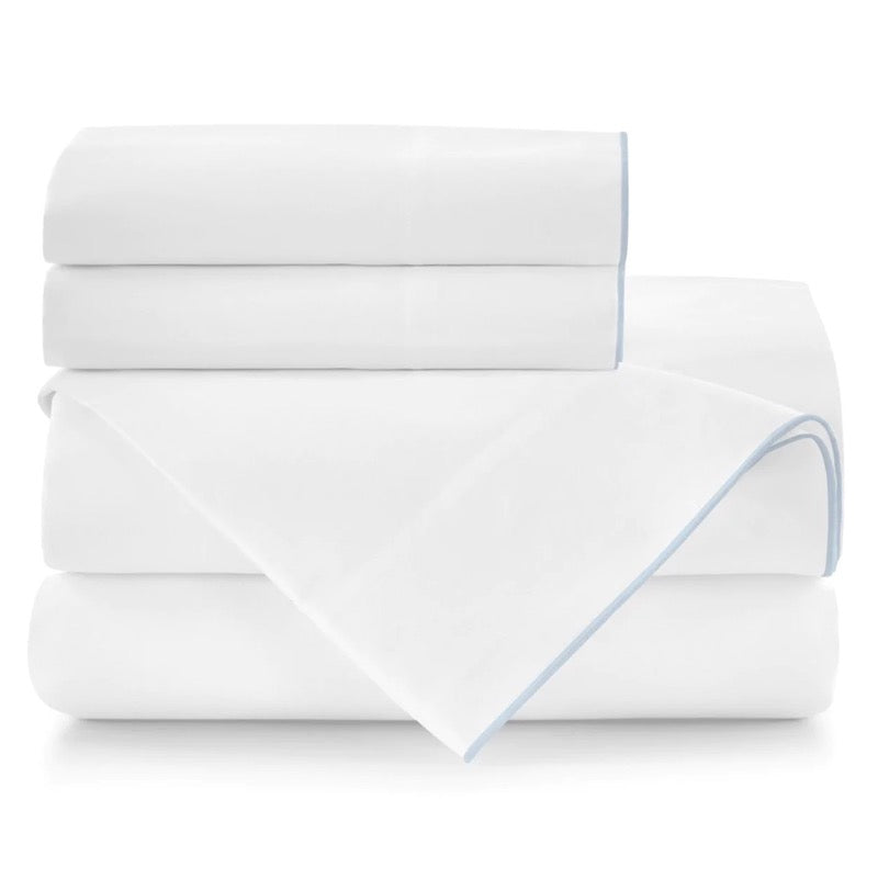 Peacock Alley Bed Sheets - Melody Sheets in White with Sky Trim | Fig Linens and Home