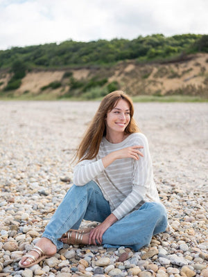 Catalina Stripe Sweater in Sand and White Stripe by Mer Sea - Model on Beach