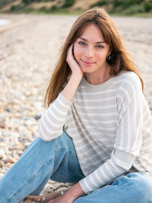 Catalina Stripe Sweater in Sand and White Stripe by Mer Sea - 2