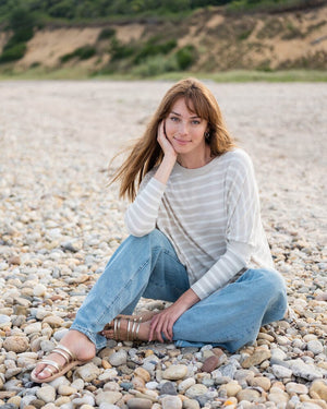 Catalina Stripe Sweater in Sand and White Stripe by Mer Sea - 3