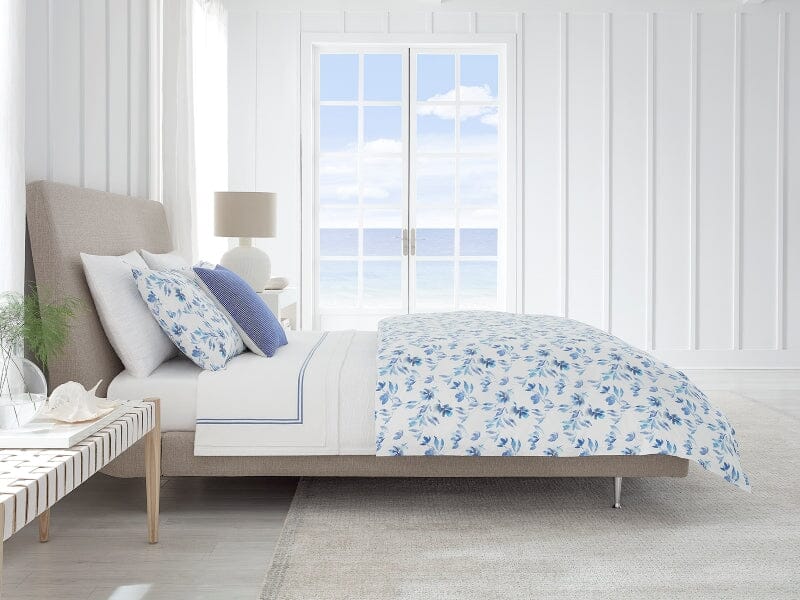 Procida Cobalt Bedding by Sferra Fine Linens - Side view of Duvet Cover and Pillow Shams
