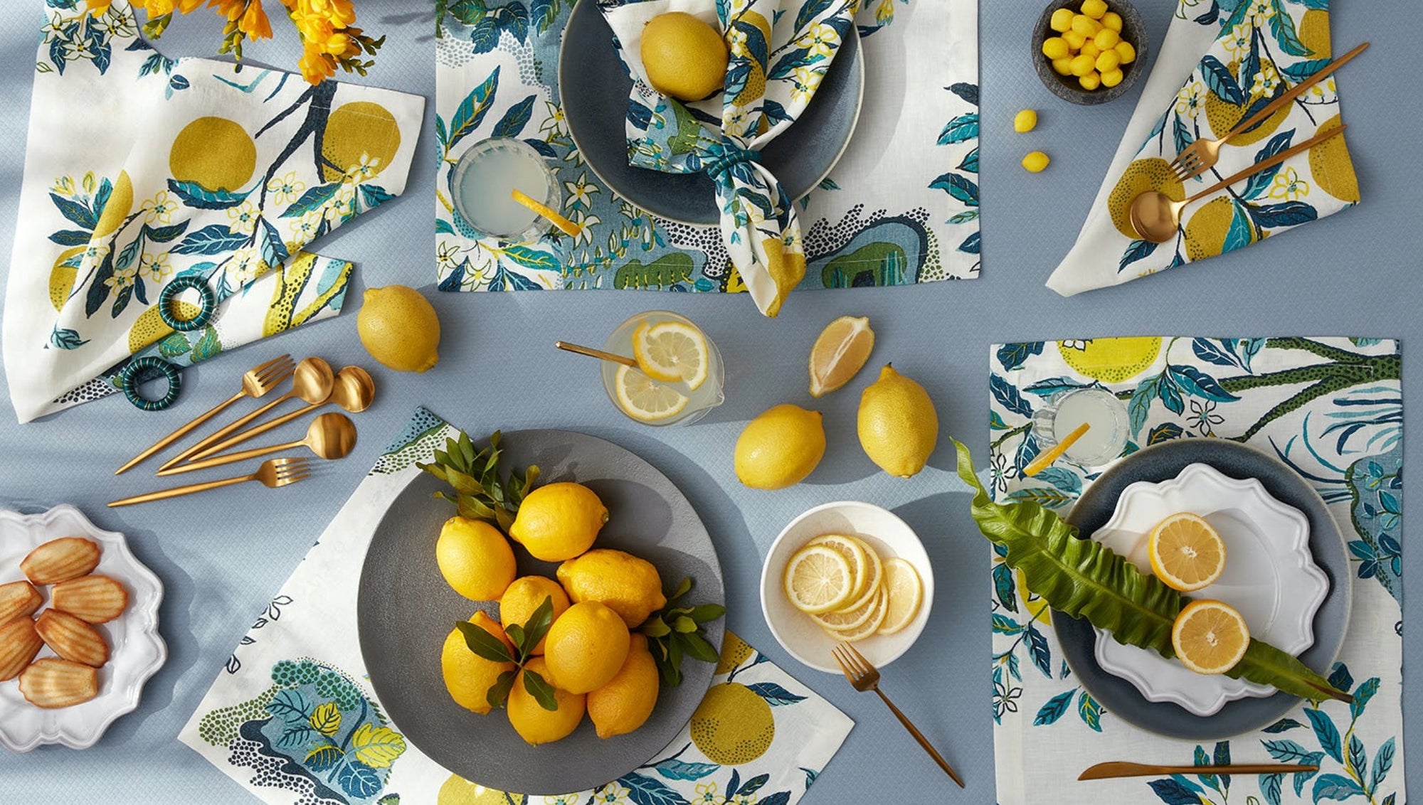 Table Linens | Matouk Schumacher Citrus Garden Pool Tablecloths, Napkins, Placemats at Fig Linens