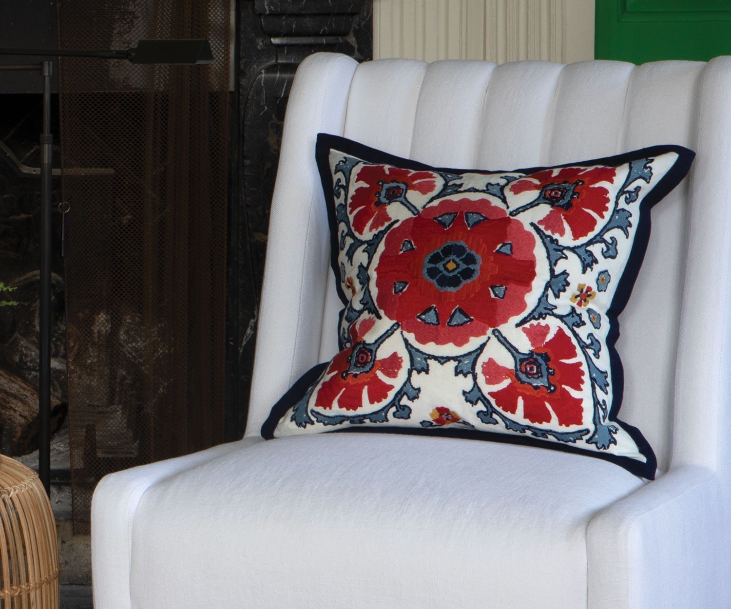 William Yeoward Alexi Rouge Decorative Pillow shown on White Chair