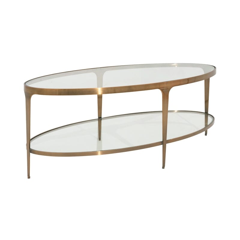 Brando TWO TIER GLASS TOP OVAL COFFEE TABLE IN ANTIQUE BRASS - Angle - Worlds Away Furniture