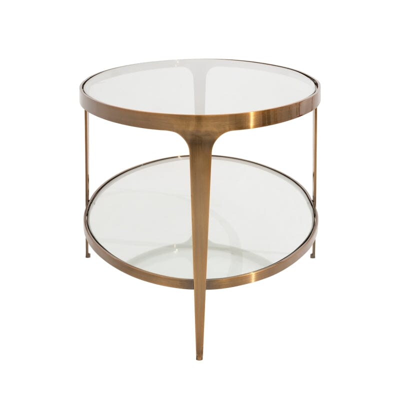 Brando TWO TIER GLASS TOP OVAL COFFEE TABLE IN ANTIQUE BRASS - Side - Fig Linens and Home