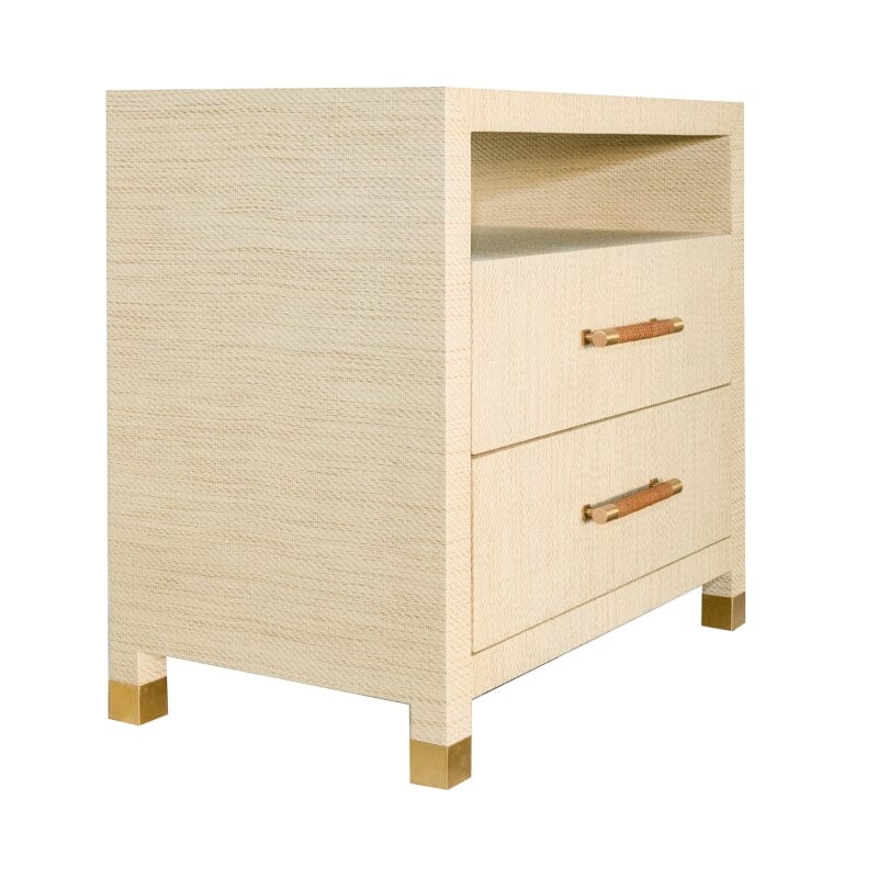 Hancock TWO DRAWER SIDE TABLE WITH RATTAN WRAPPED HANDLES IN NATURAL GRASSCLOTH - Side Closed Drawer