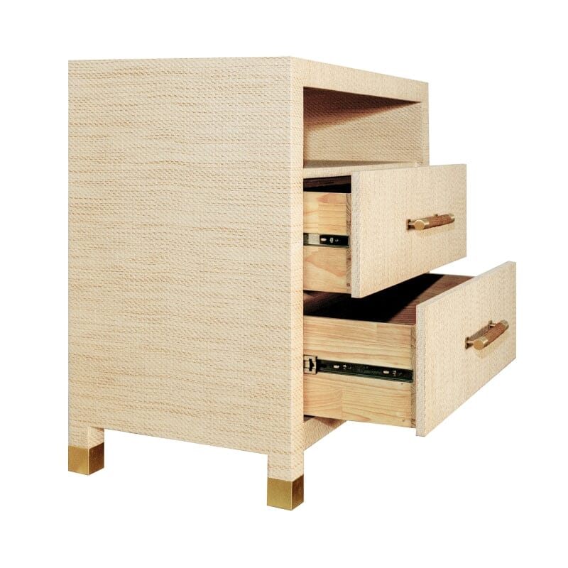 Hancock TWO DRAWER SIDE TABLE WITH RATTAN WRAPPED HANDLES IN NATURAL GRASSCLOTH - Side Open Drawers